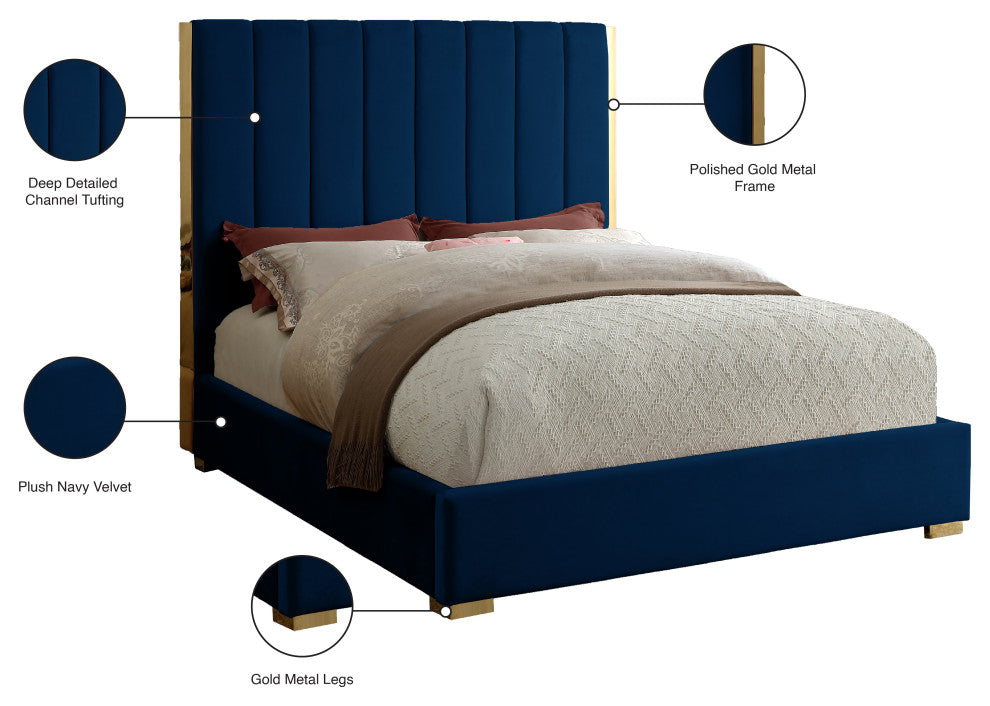 Becca Velvet Upholstered Bed, Navy, Full