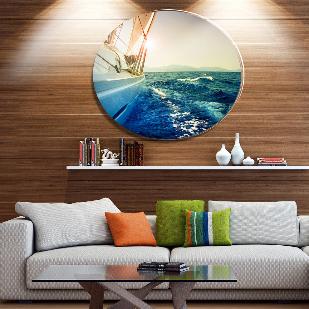 Yacht Sailing In Wavy Waters, Seashore Large Disc Metal Wall Art, 23"