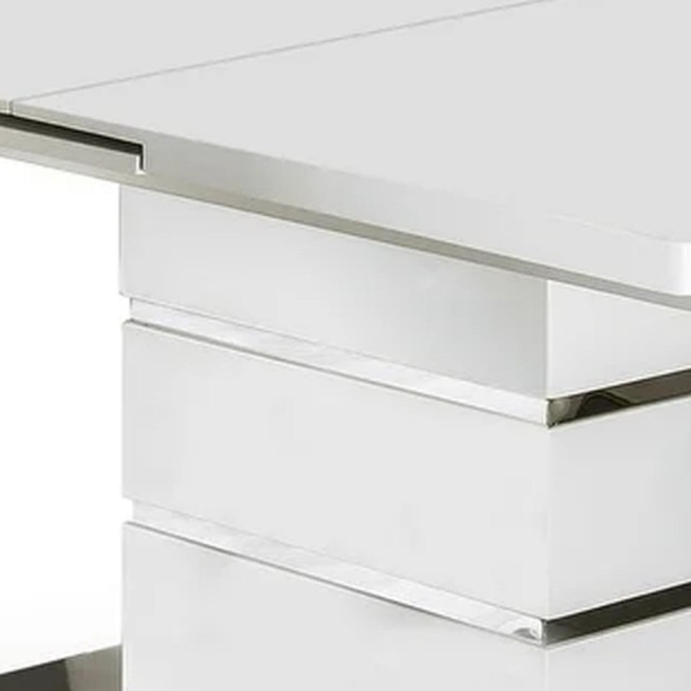 Benzara BM207714 Extendable Dining Table With Metal Base, White and Silver