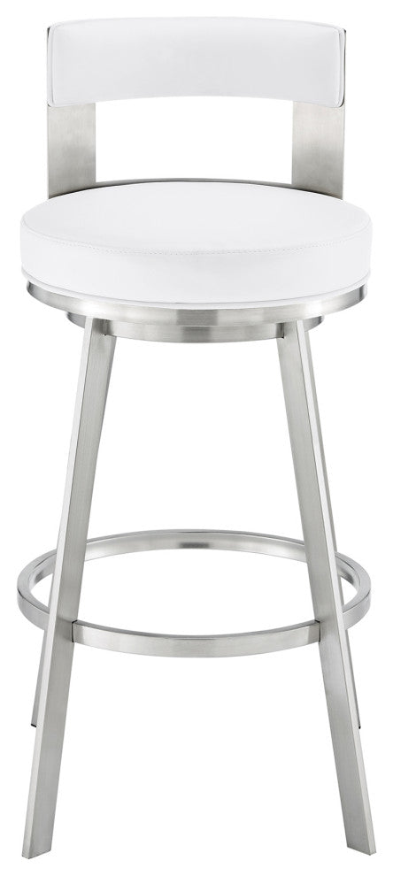 Lynof Swivel Bar Stool With Faux Leather, White, Brushed Stainless Steel