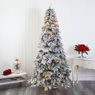 8' Flocked Vermont Mixed Pine Artificial Christmas Tree With 600 LED Lights
