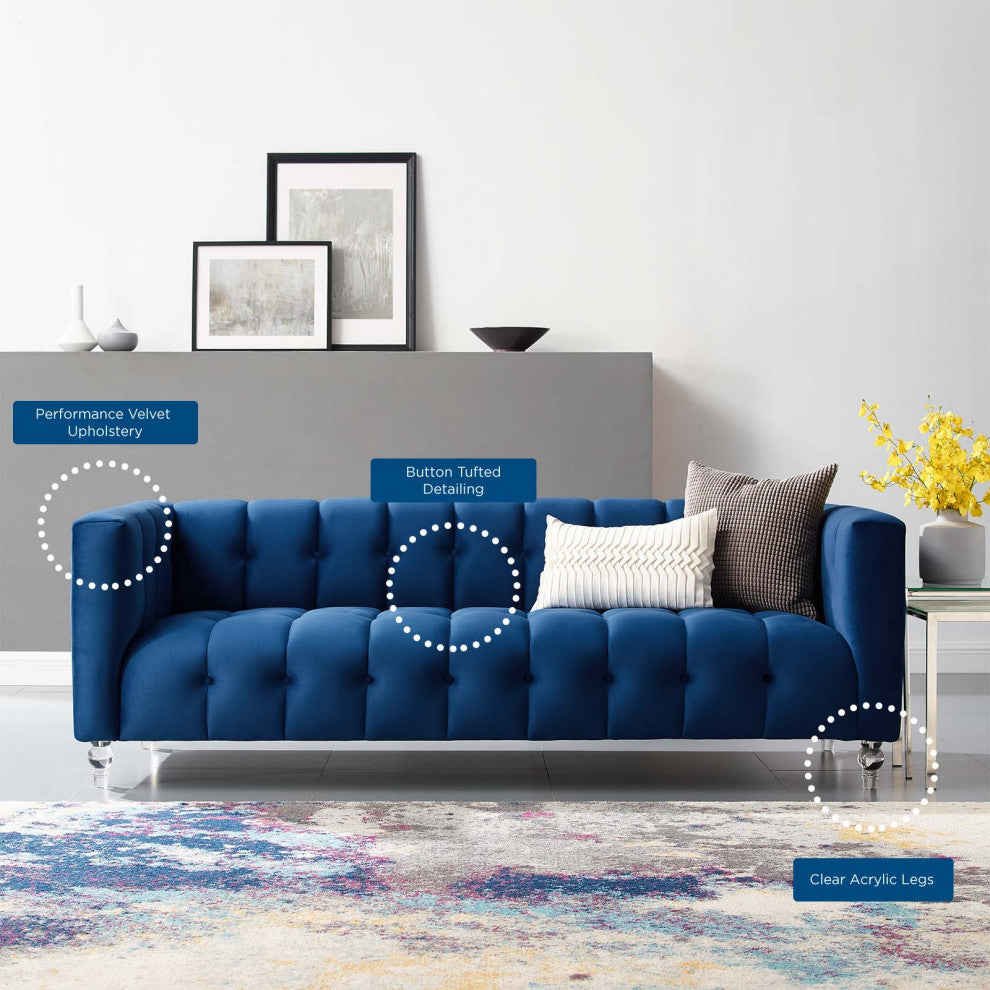 Tufted Sofa, Velvet, Blue Navy, Modern, Living Lounge Hotel Lobby Hospitality