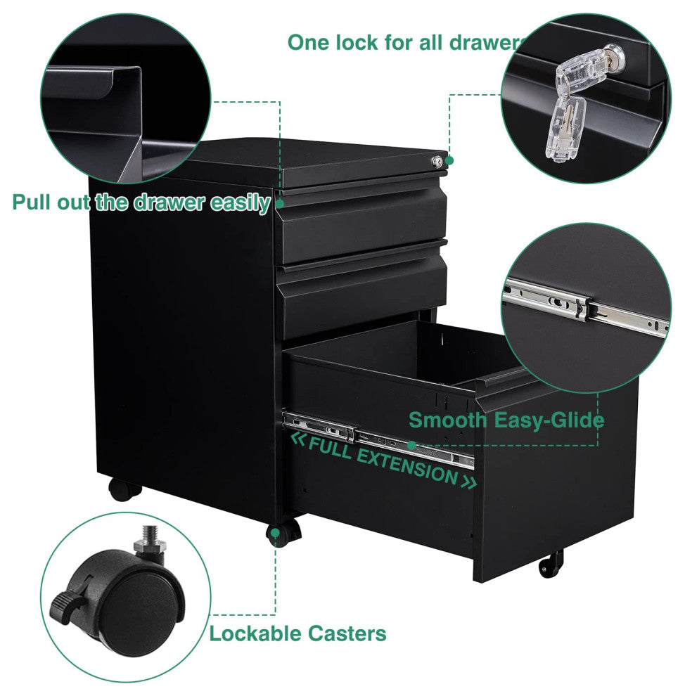 3 Drawer Mobile File Cabinet Under Desk Storage File Cabinets, Black