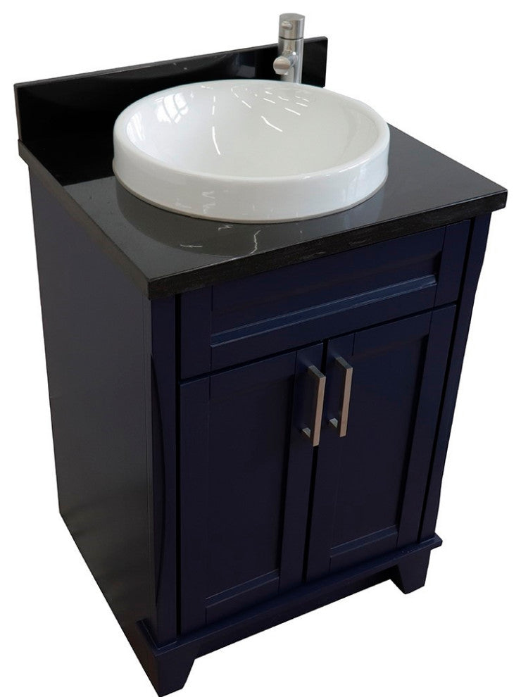 25" Single Sink Vanity, Blue Finish With Black Galaxy Granite And Round Sink