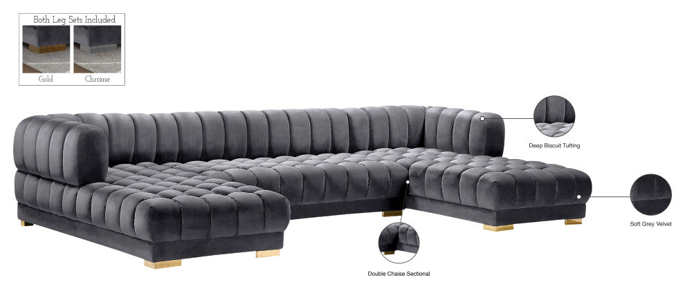 Gwen Biscuit Tufted Velvet Upholstered 3 Piece Sectional, Gray