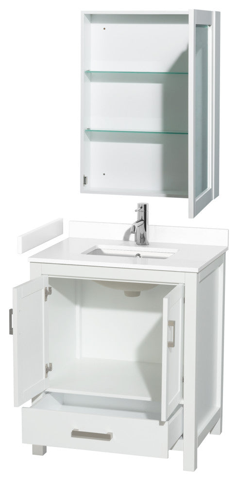 30"SGL Bathroom Vanity White, White Cult. Marble Countertop, Sink, Med. Cabinet