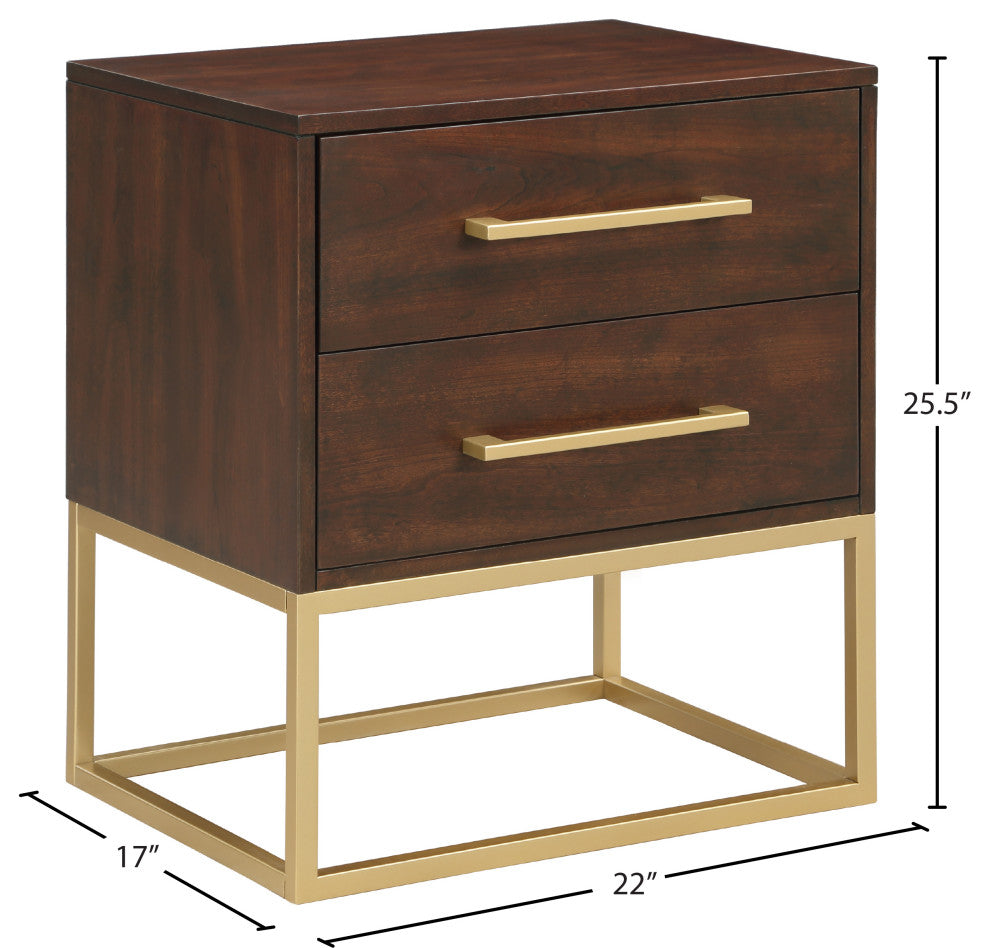 Maxine Wood Nightstand With Durable Brushed Gold Metal Base, Dark Cherry Finish
