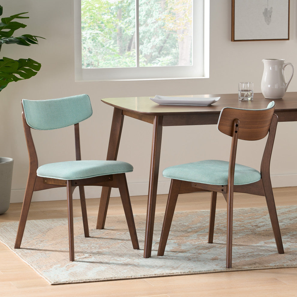 Crystal Mid-Century Modern Fabric Upholstered Dining Chairs, Set of 2, Mint/Natural Walnut