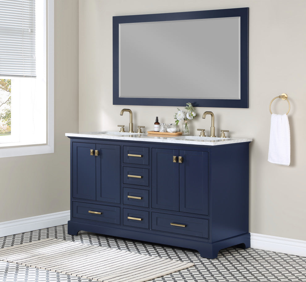 60" W Double Freestanding Bath Vanity, Blue With White Marble Top