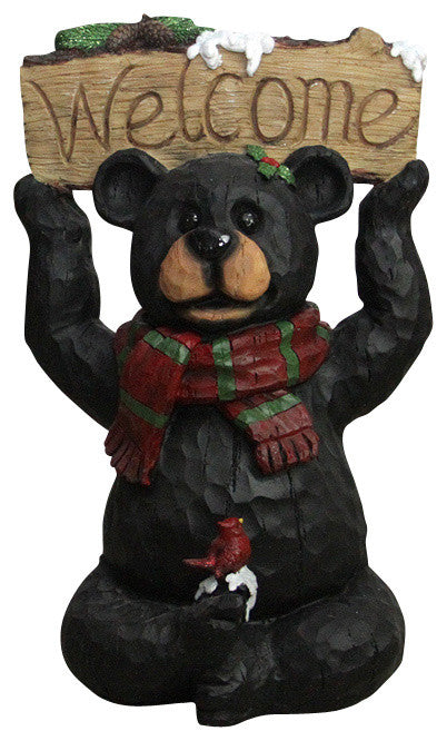 18" Woodland Black Bear With Striped Scarf and "Welcome" Sign Decoration