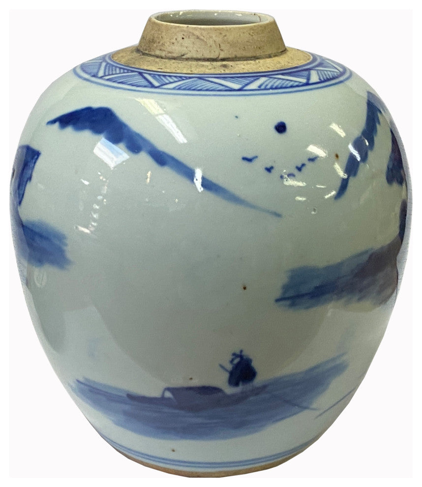 Oriental Handpainted House Tree Small Blue White Porcelain Ginger Jar Hws2315