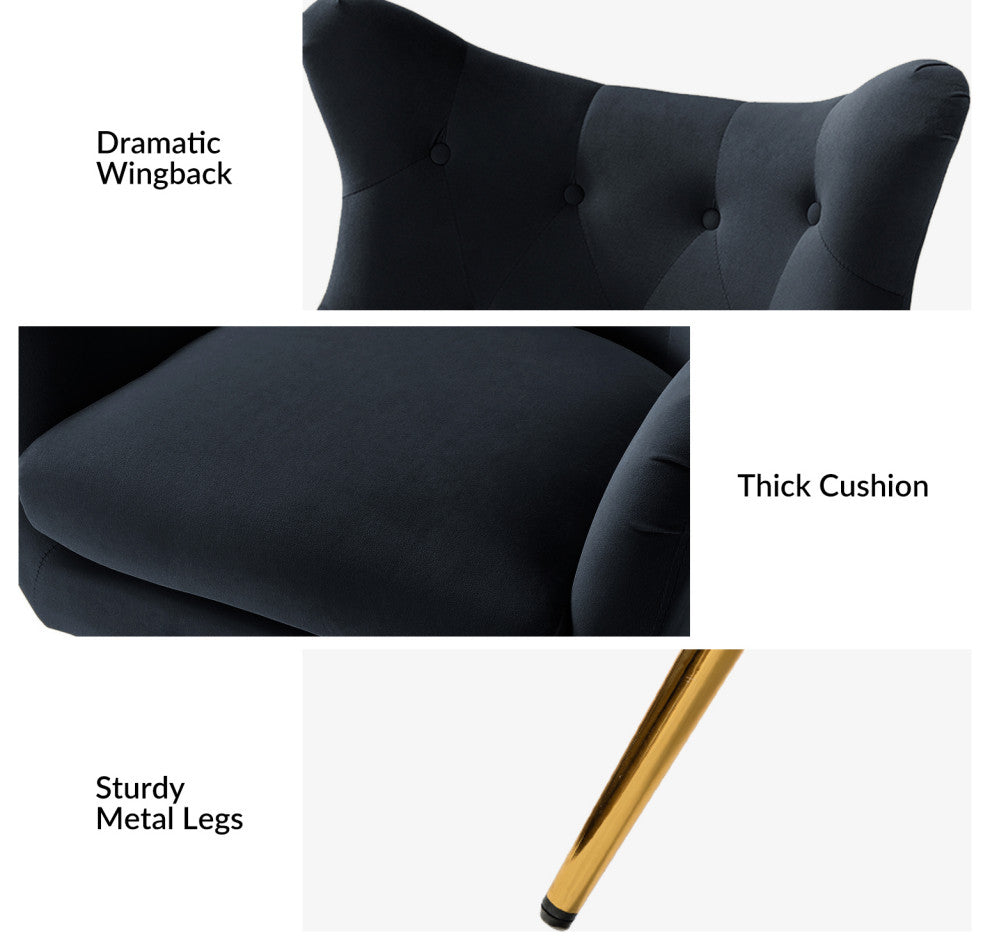 Tufted Accent Chair With Golden Legs, Black