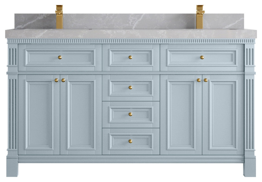 Paris 60" Double Sink Bathroom Vanity, Blue Heather 2" Pearl Gray