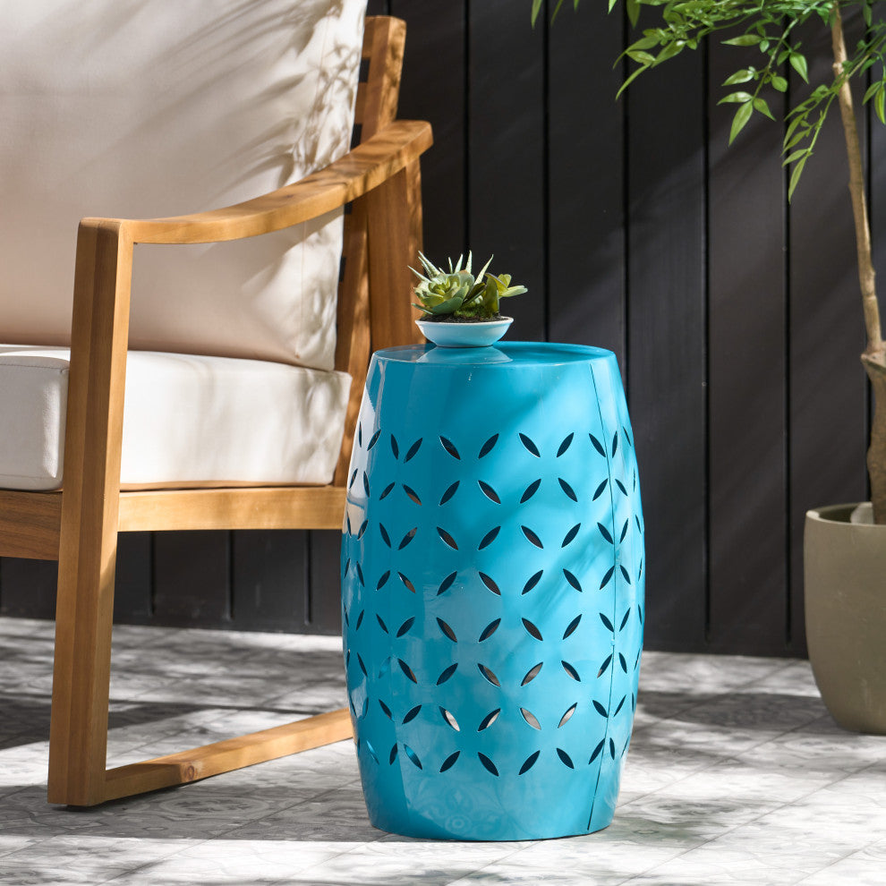GDF Studio Lilly Outdoor 12" Iron Side Table, Blue
