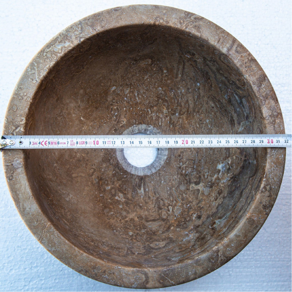Noce Brown Travertine Natural Stone Round Vessel Sink (D)12.5" (H)6"