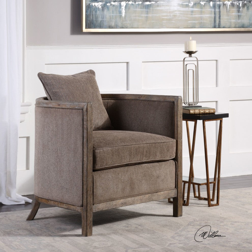 Weathered Wood Gray Chenille Tub Arm Chair, Accent Barrel Round Comfy