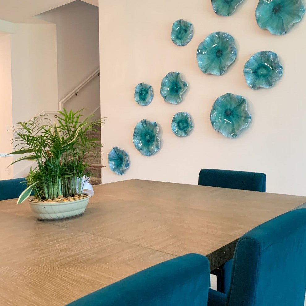 Turquoise Aqua Lily Pad Wall Art, 3-Piece Set, Flower Sculpture Blue Hanging