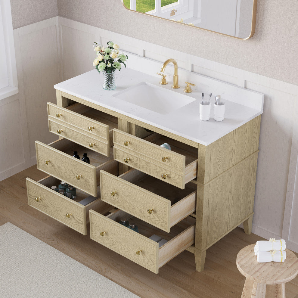 Oak Solid Wood Bath Vanity with White Quartz Top, Soft-Close, CUPC Certified, 48"