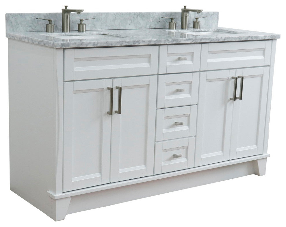 61" Double Sink Vanity, White Finish And White Carrara Marble