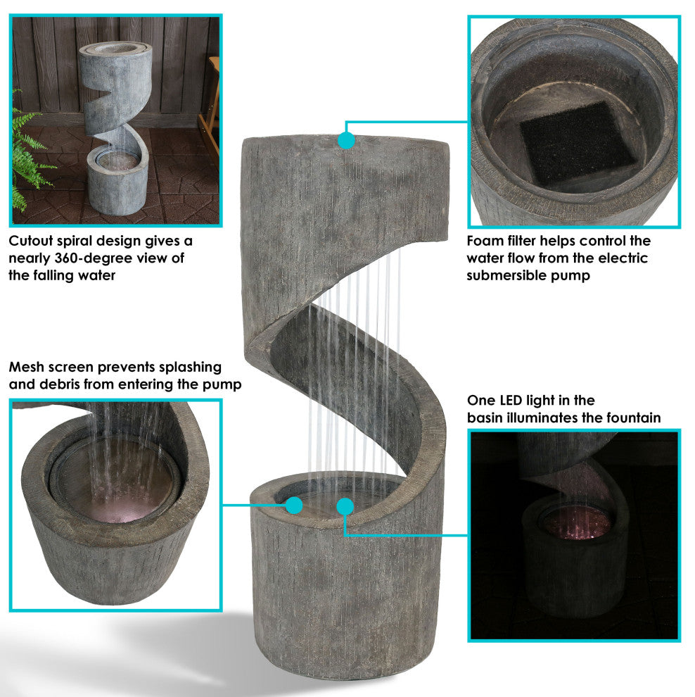 Sunnydaze Showering Spiral Outdoor Water Fountain 31" Water Feature With LED