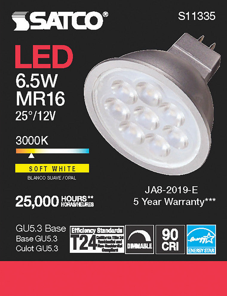 6.5W, MR16 LED, 3000K, GU5.3 Base, 25 deg. Beam Angle, 12V