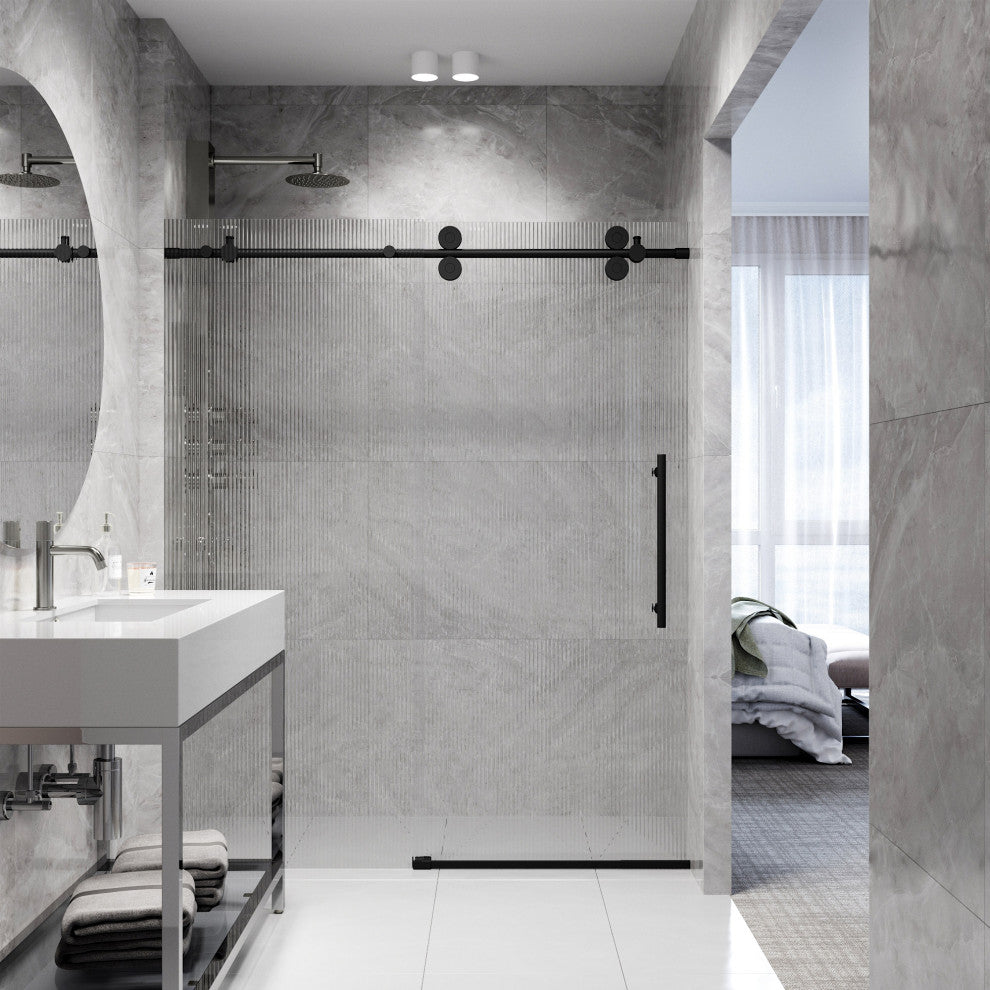 VIGO Elan 56" to 60" W x 74" H Frameless Sliding Shower Door, Matte Black, Right, Fluted Glass