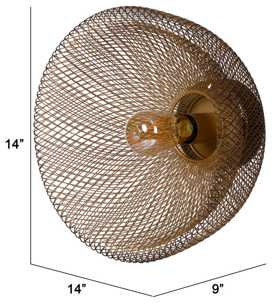 Benzara BM285190 Round Wall Mounted Lamp, Iron Mesh and Hardware, Gold Finished