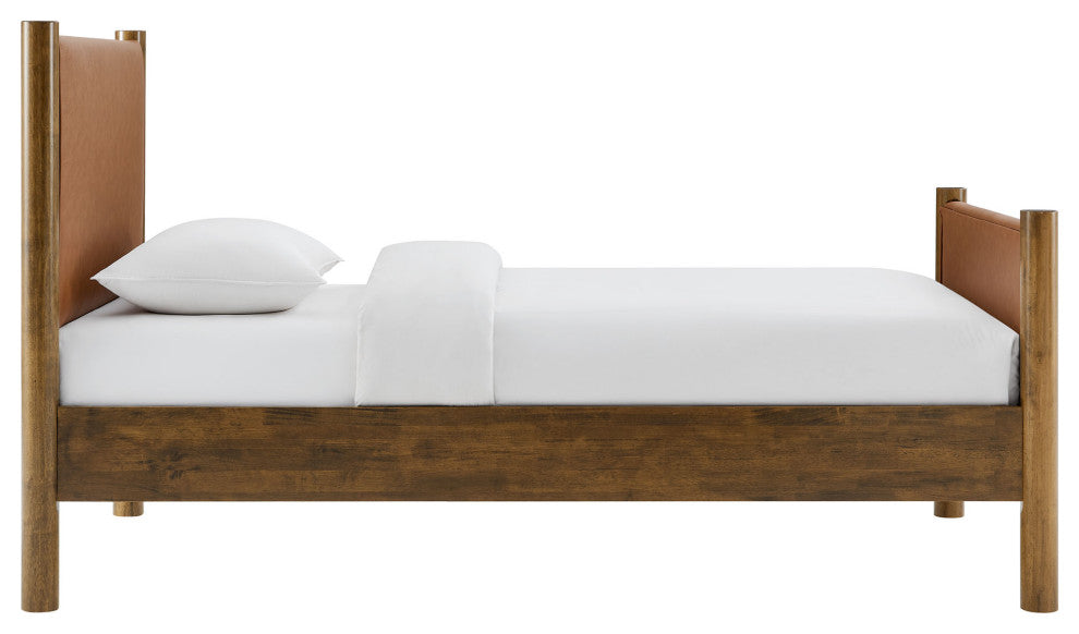 Maven Twin Size Vegan Leather Upholstered Platform Bed, Tan Walnut