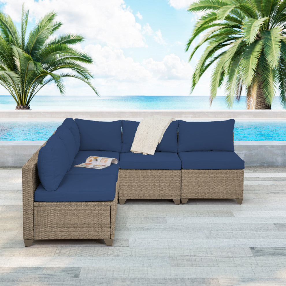 Maui 5-Piece Outdoor Modular Conversation Set, Natural Aged Wicker, Cobalt