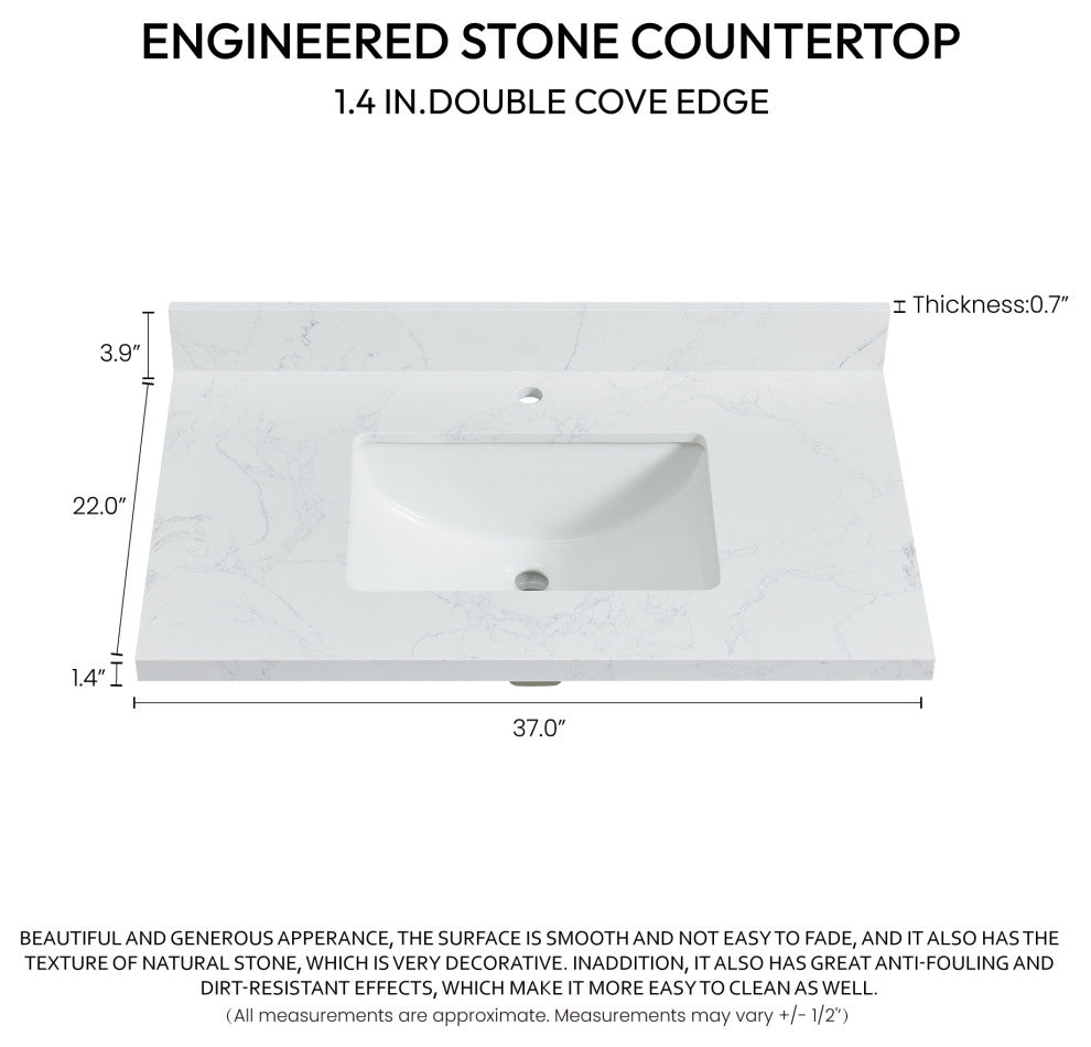 Malaga Composite Stone Vanity Top With Ceramic Sink, Grain White, 37"