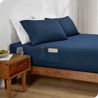 Fitted Dual Pocket Bottom Sheet 1800 Microfiber Ultra-Soft, Dark Blue, Cal King