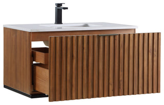 Terra Bathroom Vanity, Walnut/Matte Black With White Quartz, 36", White Quartz Top