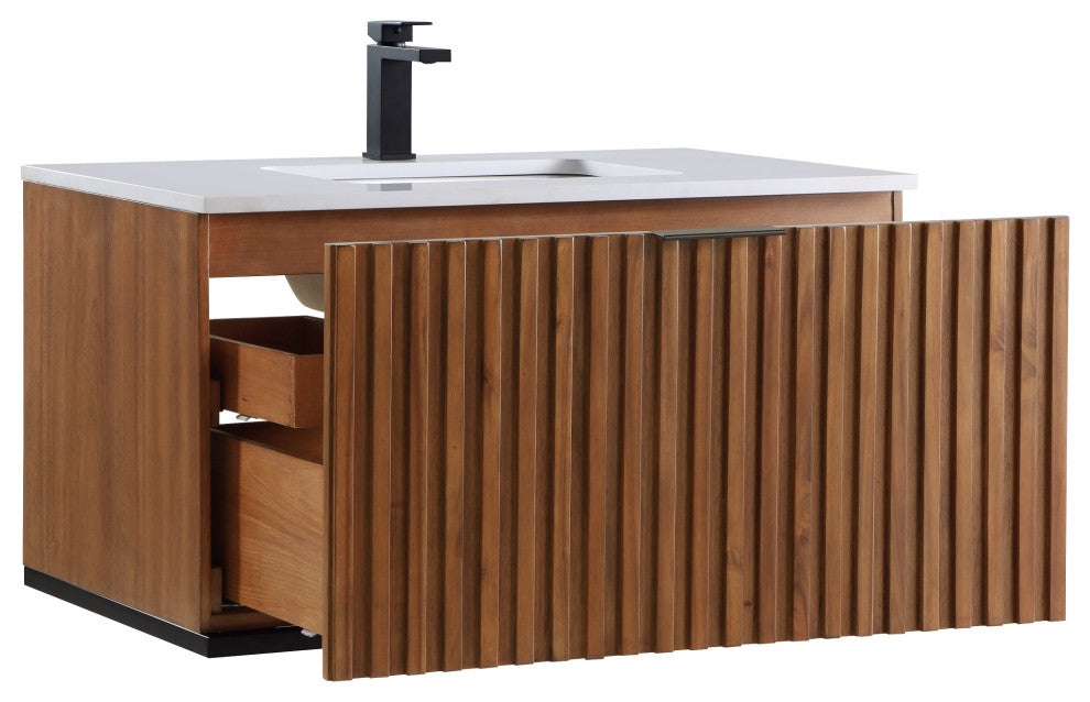 Terra Bathroom Vanity, Walnut/Matte Black With White Quartz, 36", White Quartz Top