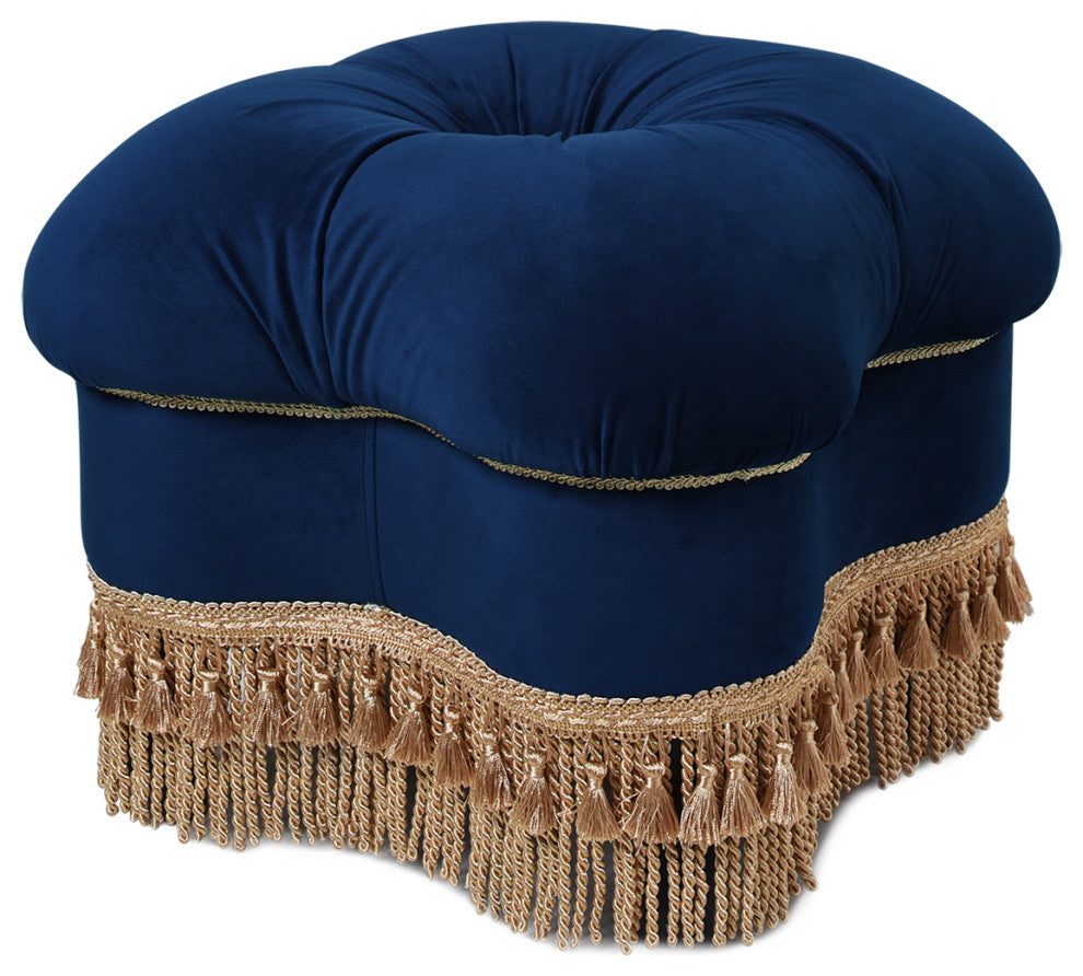 Ellen Tufted Bullion Trim Ottoman, Navy Blue & Gold