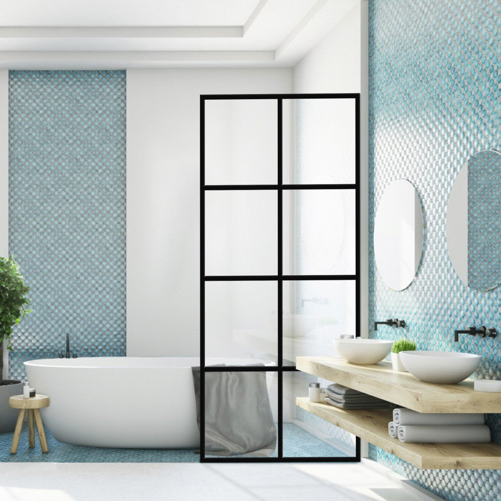 Madeira Grid Pattern Fixed Shower Screen, EnduroShield, Matte Black, 36"x76"