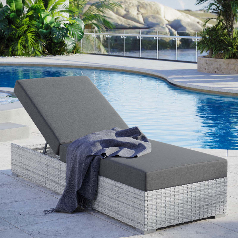 Lounge Chair Chaise, Rattan, Wicker, Gray, Modern, Outdoor Patio Bistro