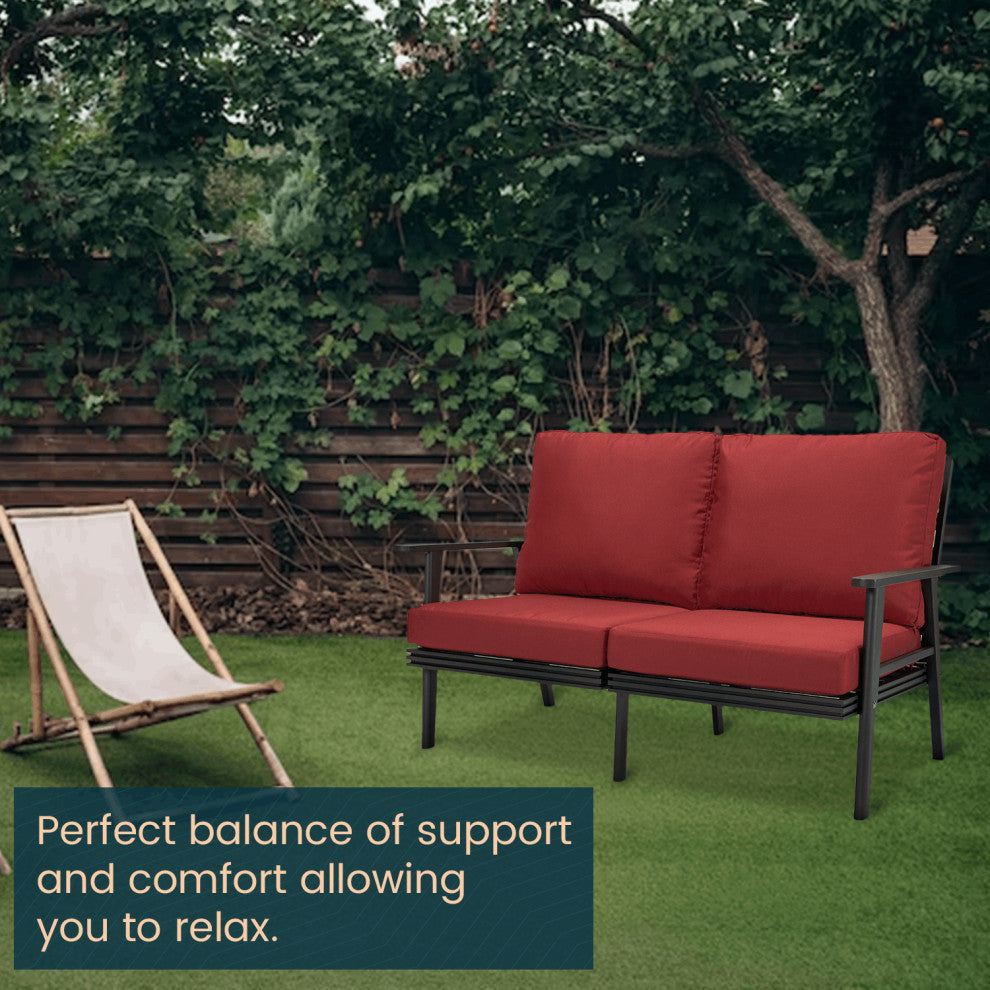 Leisuremod Walbrooke Patio Loveseat With Black Aluminum Frame, Red