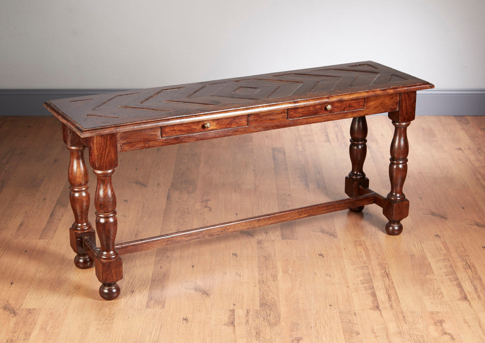 Parquet Top Two Drawer Console, Pecan Finish
