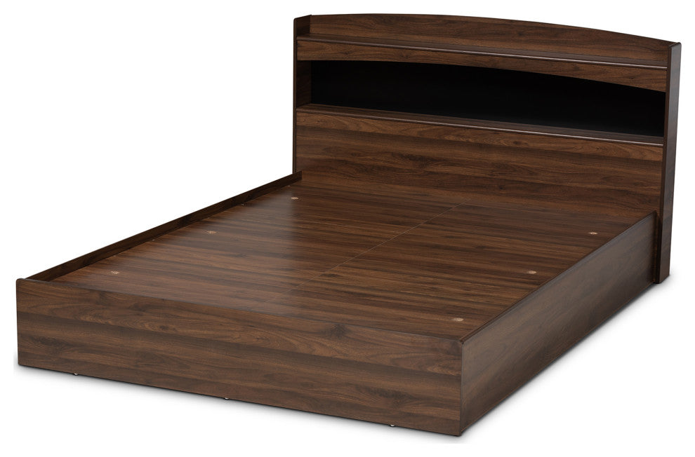 Rosslan Walnut Finish Mid Century Platform Bed With Storage Headboard, Queen