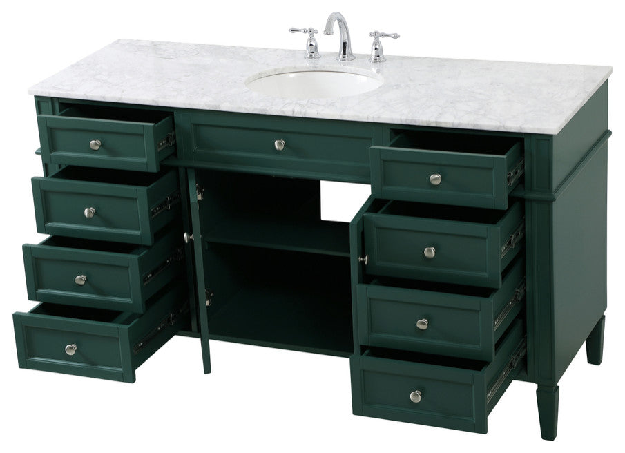 Home Living Vanity with Carrara White Marble Countertop, Green, 60", Single Sink