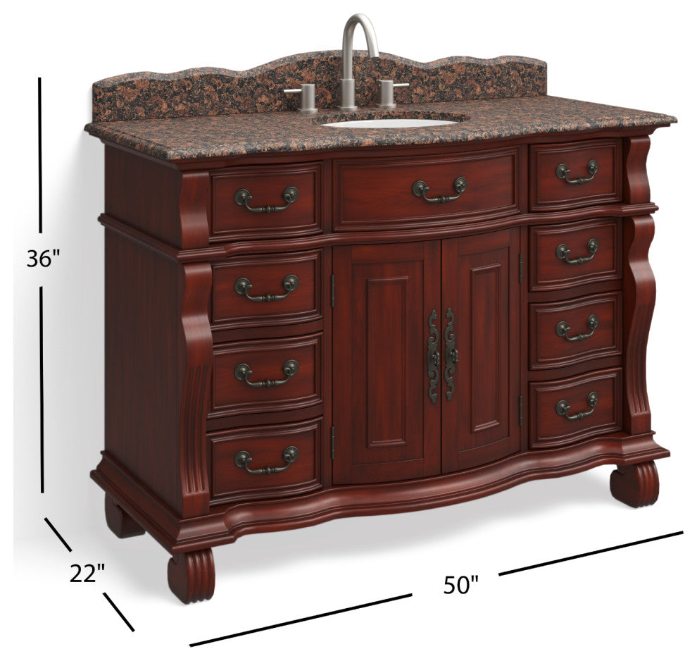 60 inch Cherry Wood Hopkinton Bathroom Sink Vanity Baltic Brown Stone Top, Cherry, 50", Single Sink, Freestanding