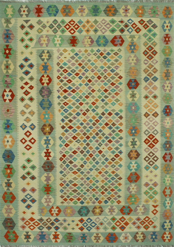 Sangat Kilim Steven Ivory/Light Blue Rug, 8'0x11'4