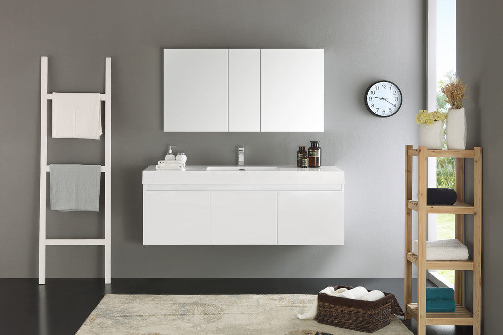 Mezzo 60" White Wall Hung Single Sink Modern Bathroom Vanity, FFT3071CH