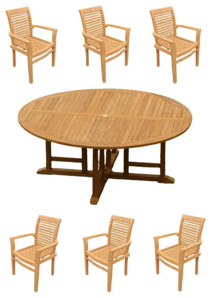 7-Piece Outdoor Teak Dining Set: 72" Round Table, 6 Mas Stacking Arm Chairs