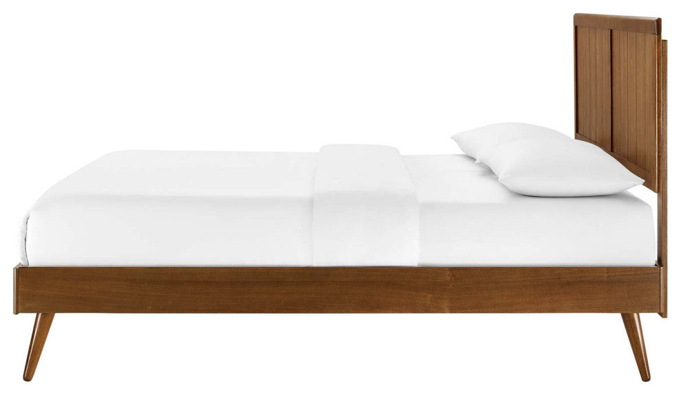 Platform Bed Frame, Queen Size, Wood, Brown Walnut, Modern Mid-Century, Bedroom