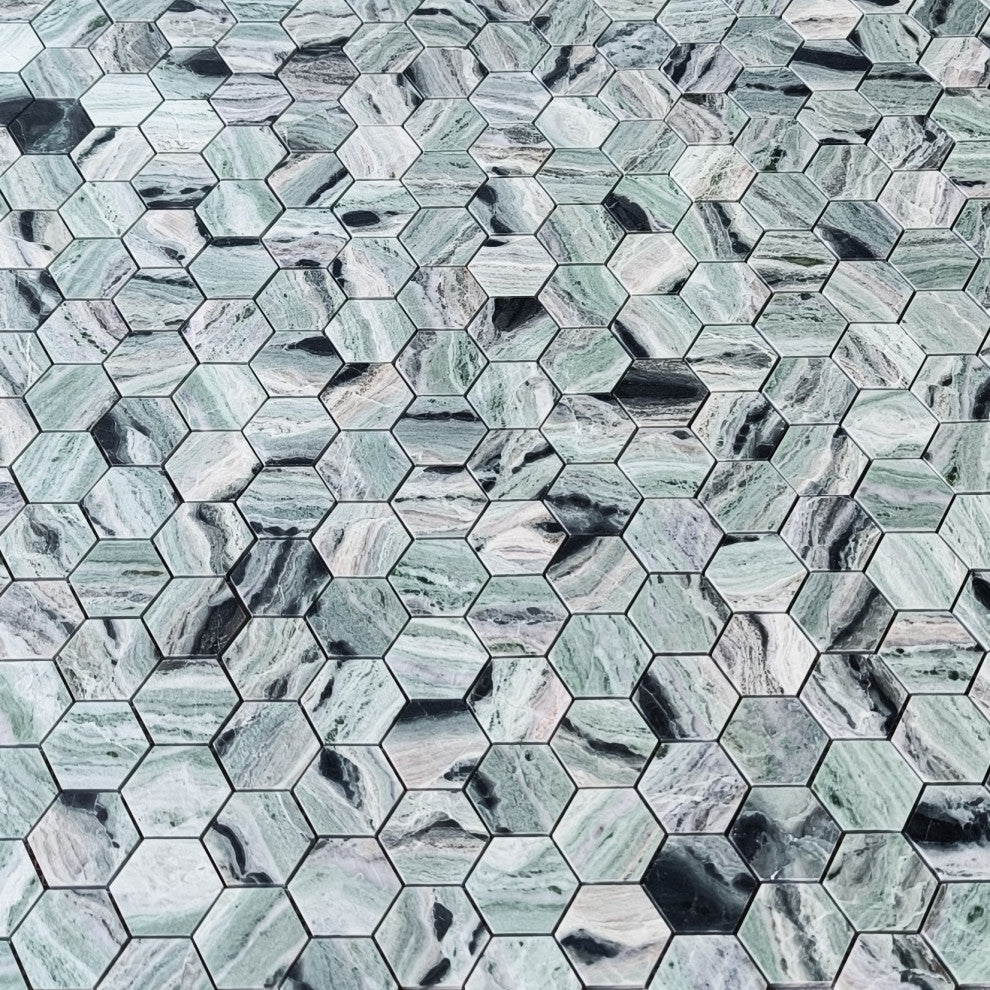 Sagano Vibrant Green Marble 2 inch Hexagon Mosaic Tile Honed, 1 sheet