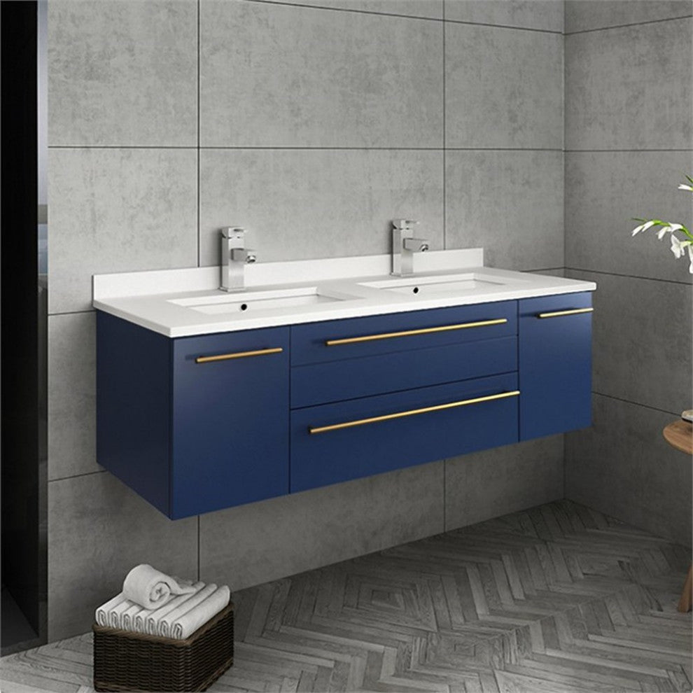 Lucera 48" Modern Royal Blue Wall Hung Cabinet, Top and Double Undermount Sink