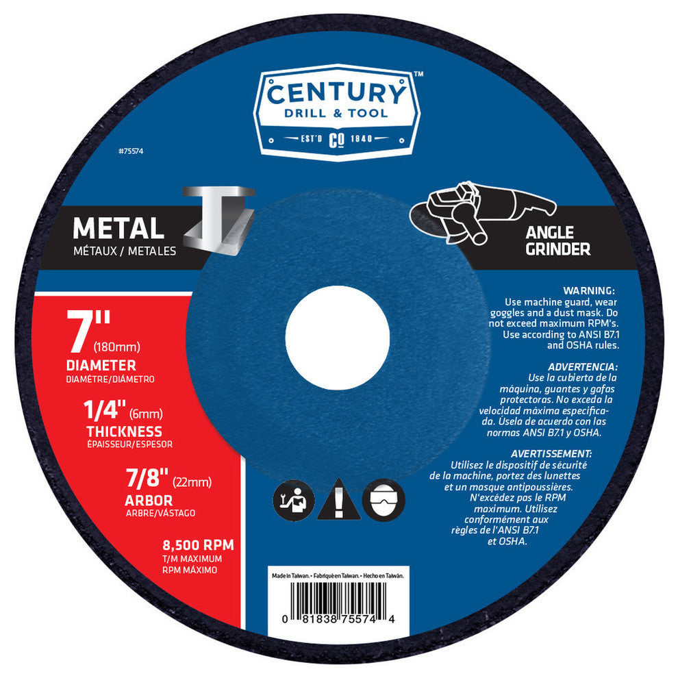 Abrasive Metal Grinding Wheel, 7"x1/4"