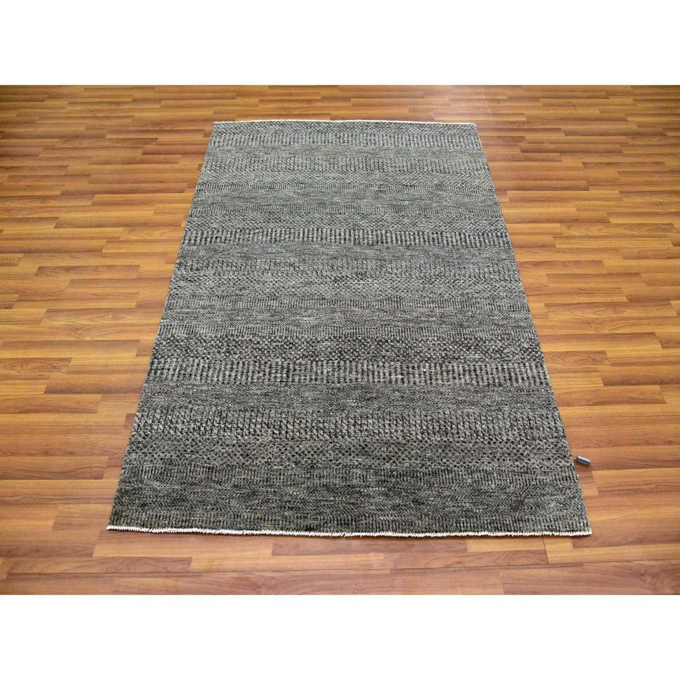 Gray, Modern Grass Design, Natural Undyed Wool, Hand Knotted, Rug, 4'2"x6'