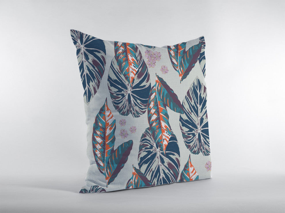 20" Blue Gray Tropical Leaf Suede Throw Pillow